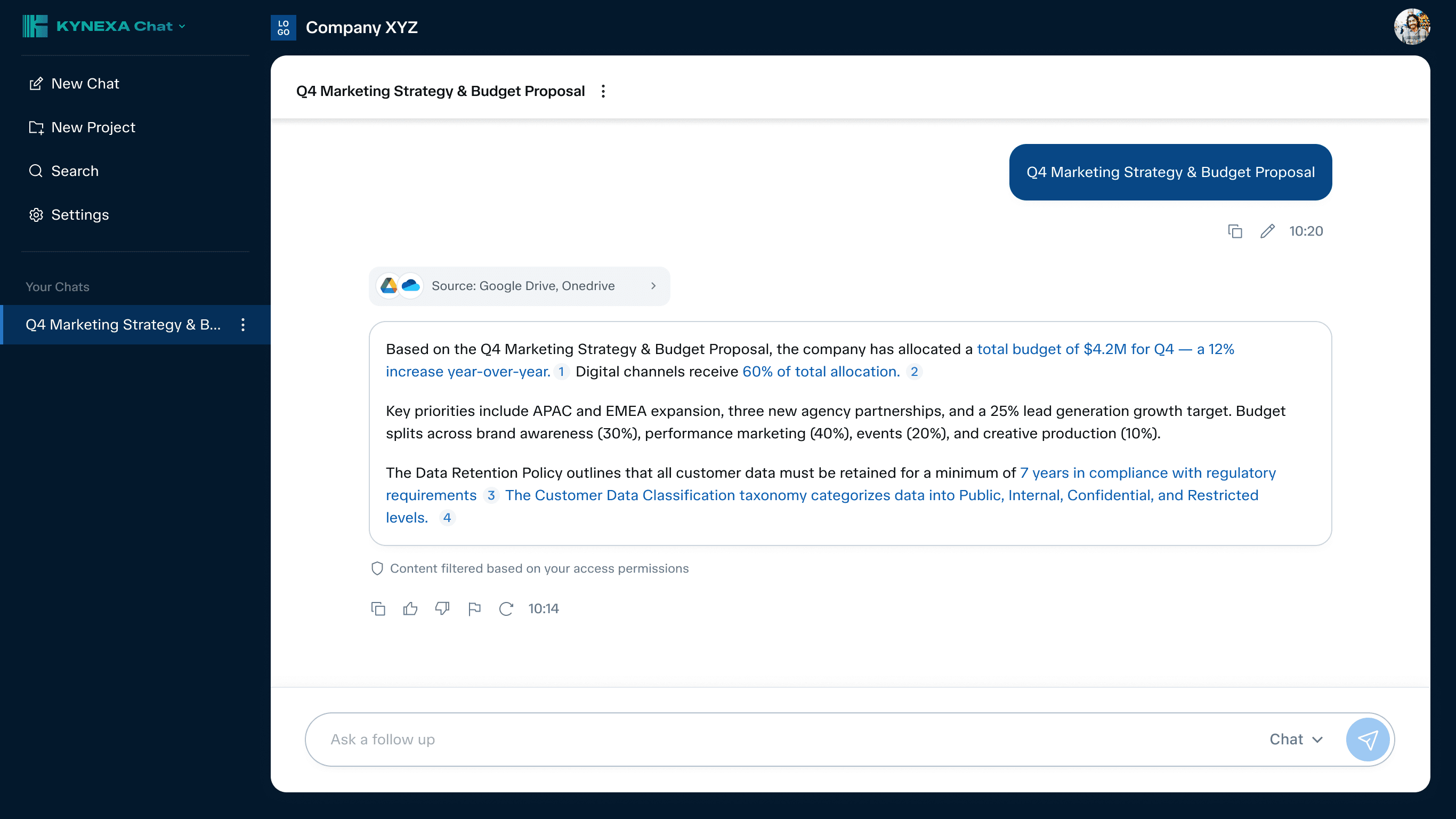 Governed enterprise chat: an AI answer with inline citations, source attribution and access-filtered content.